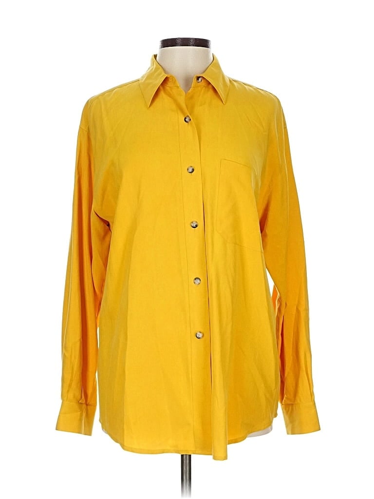Pre-owned Company Ellen Tracy Long Sleeve Silk Top Yellow Color Block Pattern Collared Neckline Tops