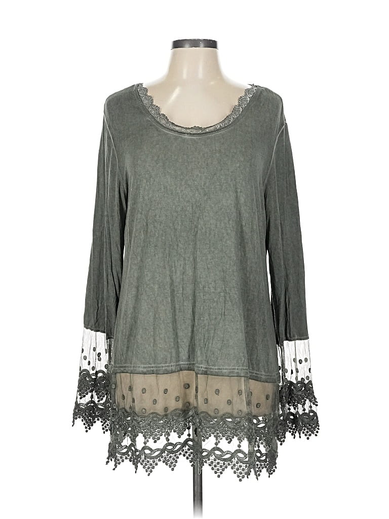 Pre-owned Kaktus Long Sleeve Top Gray Color Block Pattern Scoop Neck Tops