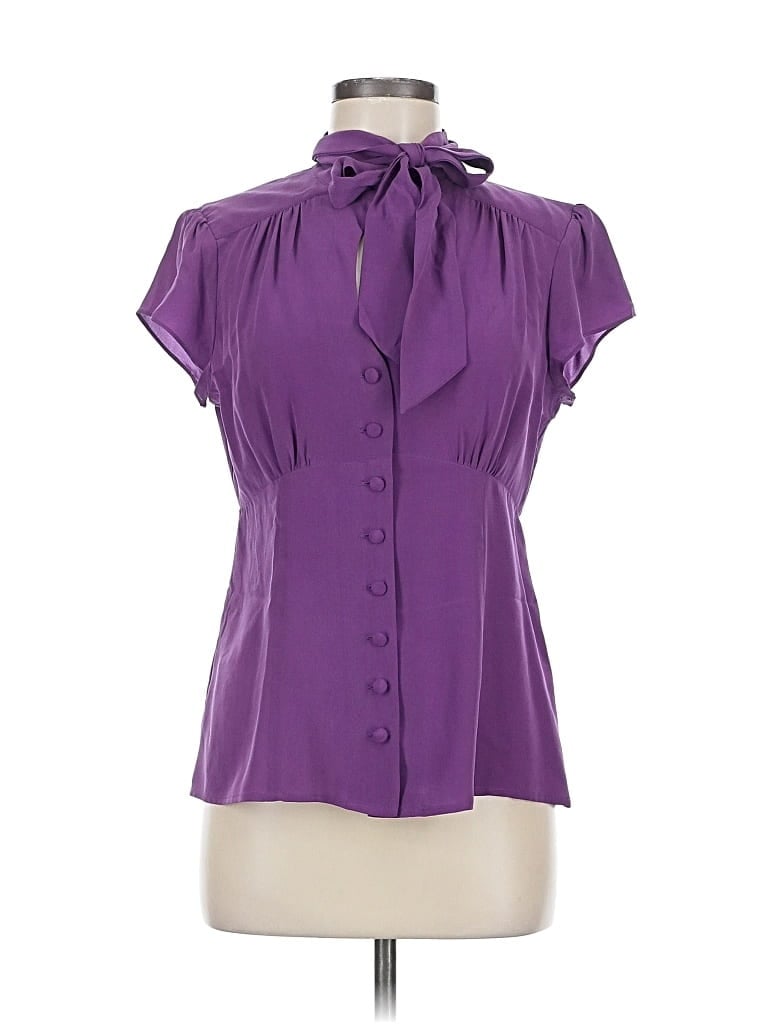 Pre-owned Nanette Lepore Short Sleeve Silk Top Purple Tie Neck Tops