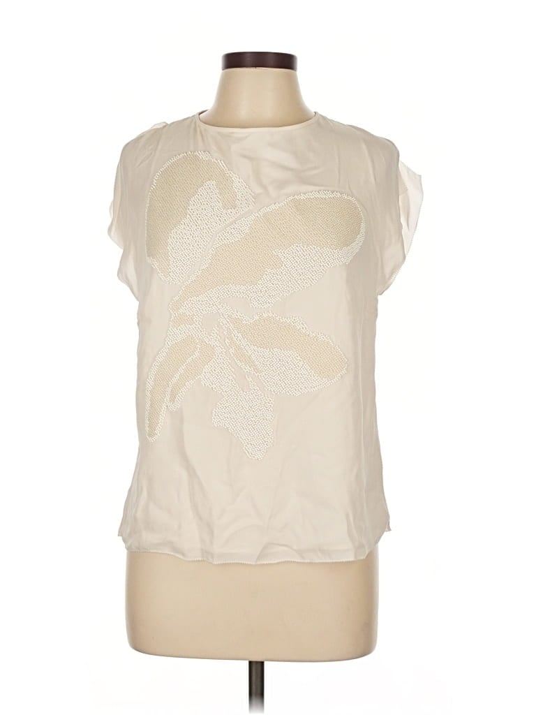 Pre-owned Halston Heritage Sleeveless Silk Top Ivory Floral Pattern Boatneck Tops In White