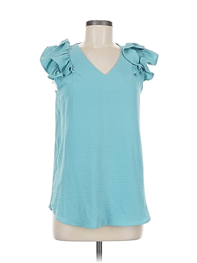 Pre-owned Zenana Sleeveless Top Teal Cold Shoulder Neckline Tops In Blue