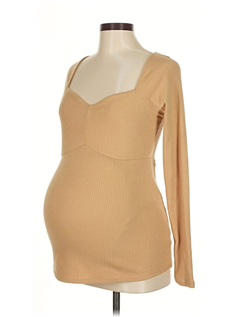 Pre-owned Ingrid & Isabel Long Sleeve Top Tan Sweetheart Neckline Tops In Brown