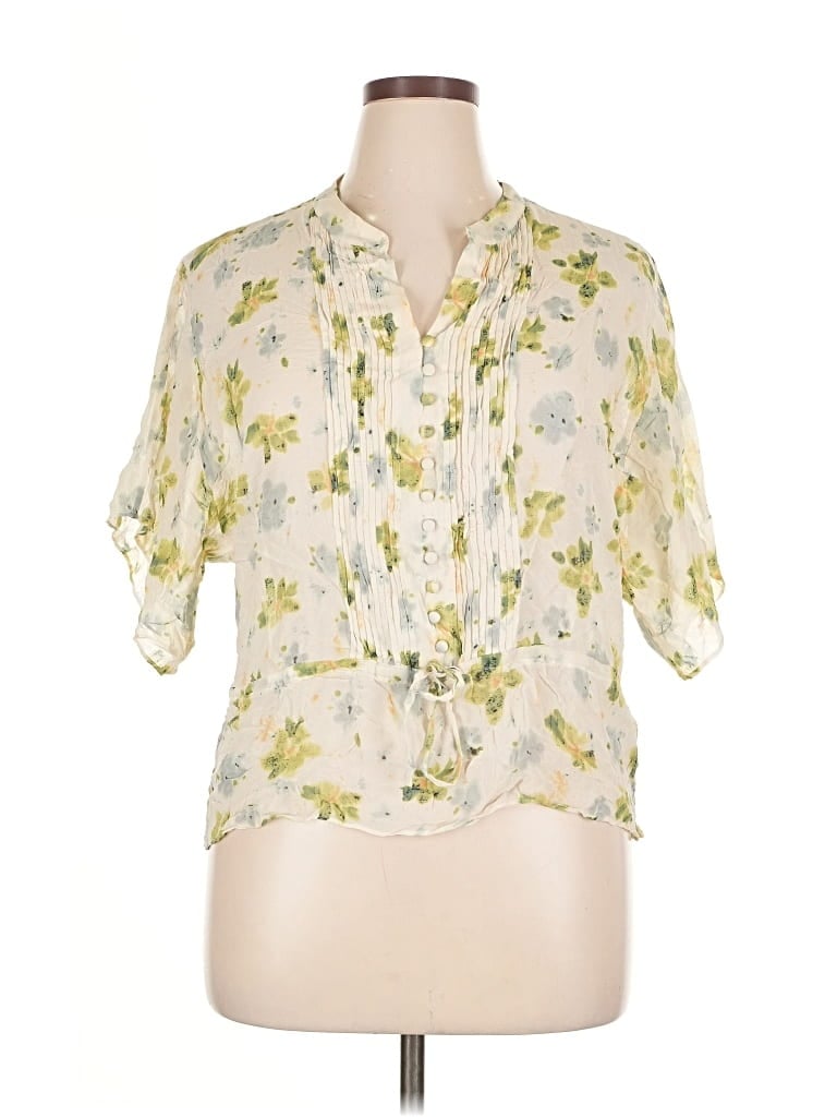 Pre-owned Banana Republic Short Sleeve Silk Top Ivory Floral Pattern Plunge Neckline Tops In White
