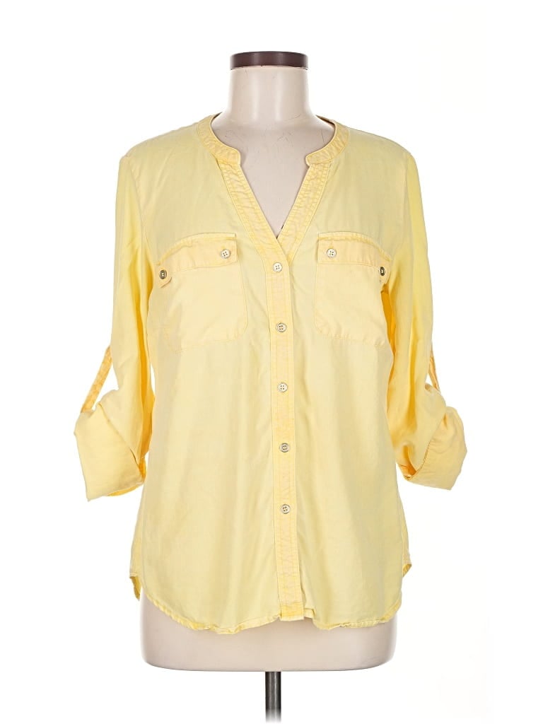 Pre-owned Soho Jeans New York & Company 3/4 Sleeve Button Down Shirt In Yellow
