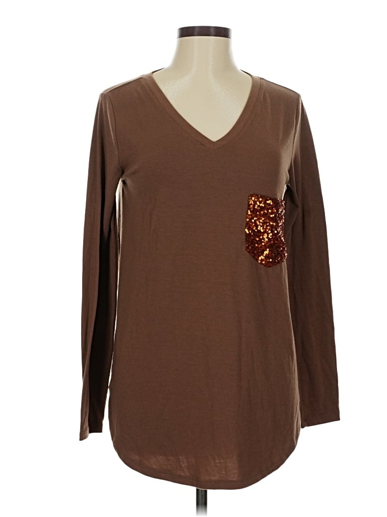 Pre-owned Zenana Long Sleeve Top Brown V Neck Tops