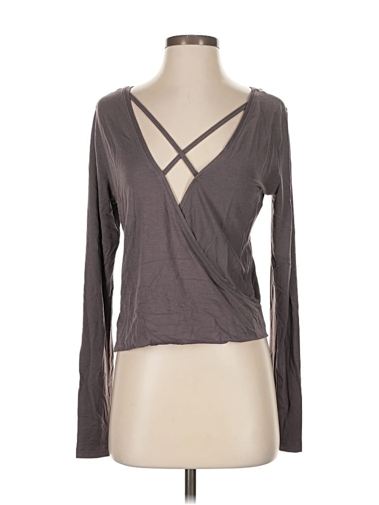 Pre-owned Sweaty Betty Long Sleeve Top Gray Plunge Neckline Tops