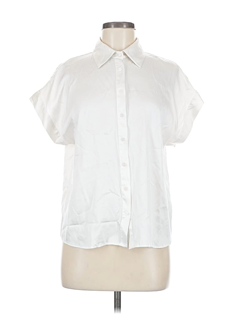 Pre-owned Antonio Melani Short Sleeve Silk Top White Collared Neckline Tops
