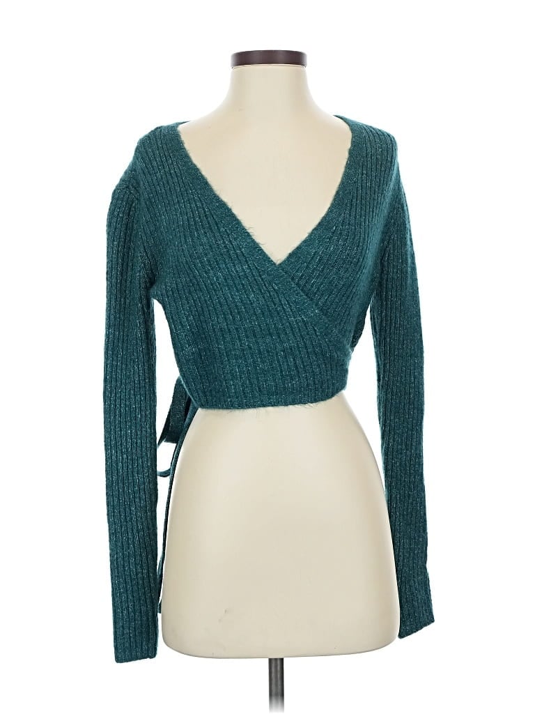 Pre-owned Urban Outfitters Long Sleeve Top Teal Plunge Neckline Tops In Blue