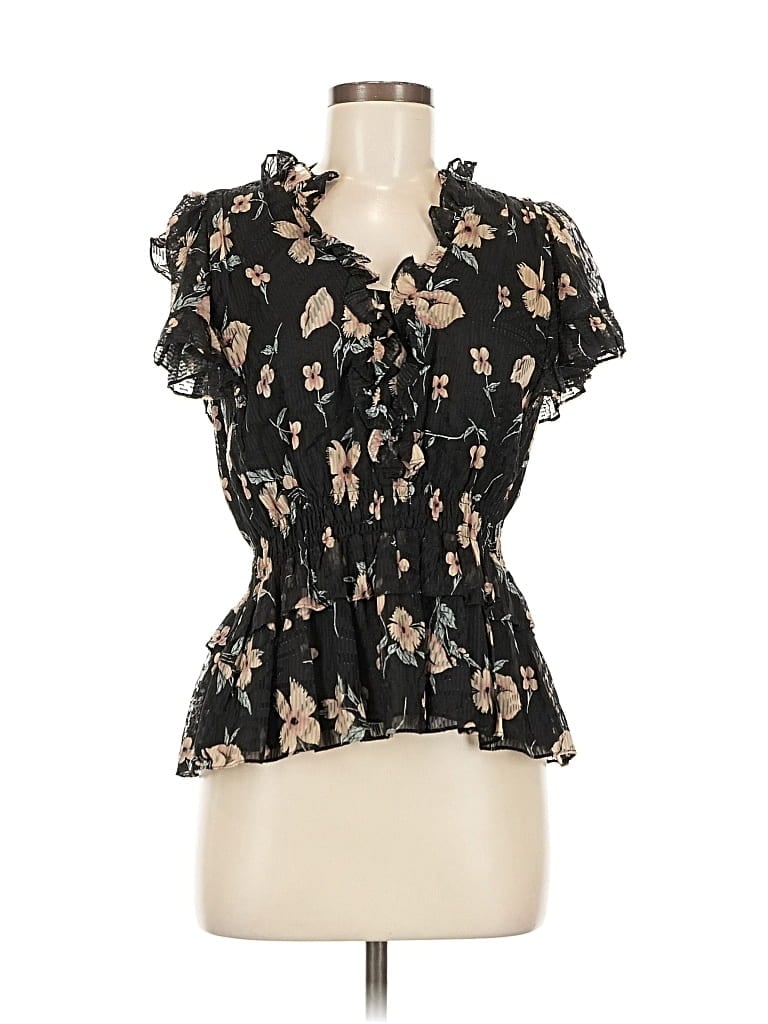 Pre-owned Rebecca Taylor Short Sleeve Silk Top Black Sweetheart Neckline Tops