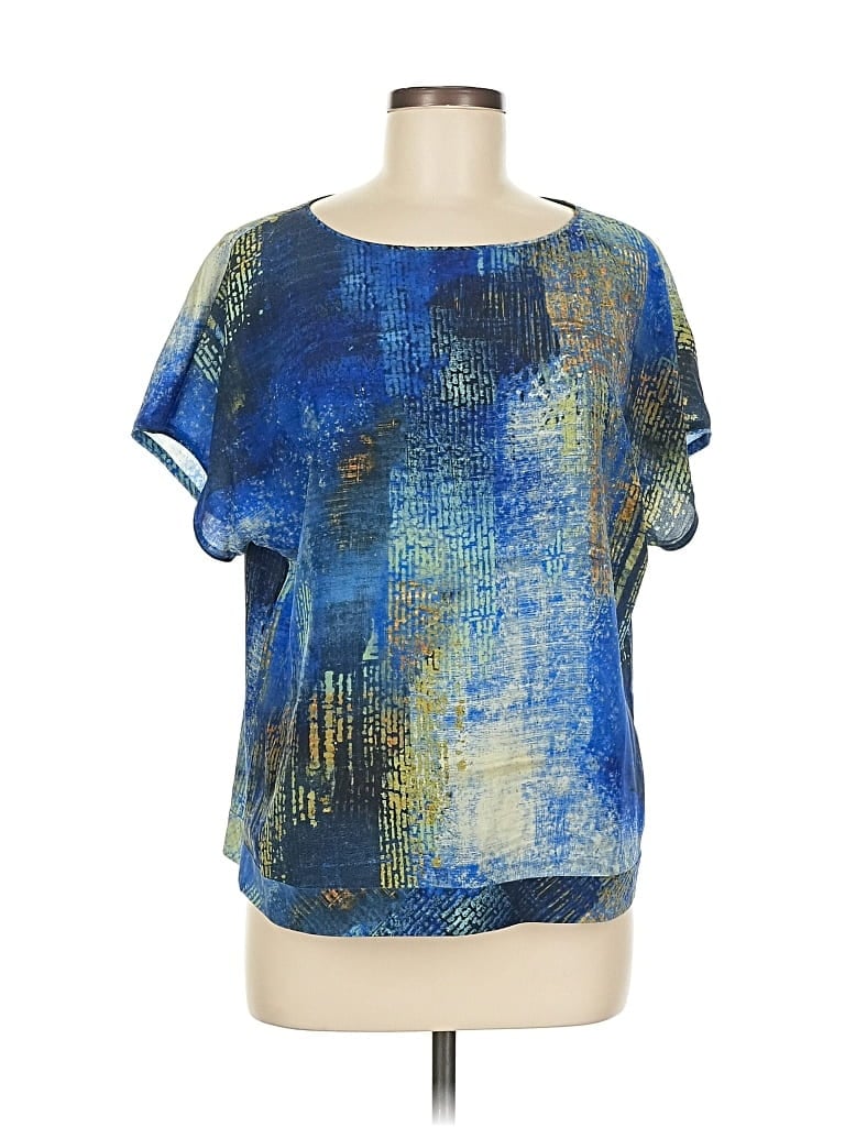 Pre-owned Lafayette 148 Short Sleeve Silk Top Blue Print Pattern Boatneck Tops