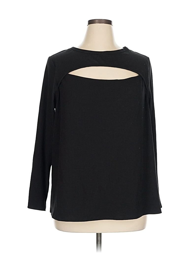 Pre-owned Terra & Sky 3/4 Sleeve Top Black Keyhole Neckline Tops