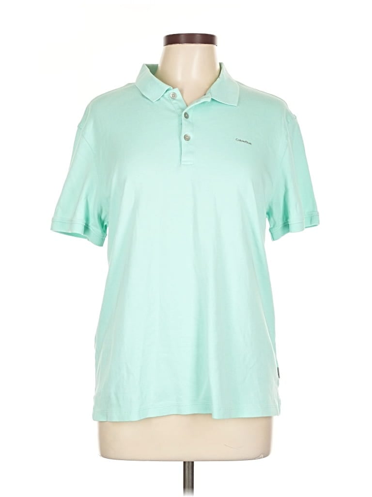 Pre-owned Calvin Klein Short Sleeve Top Teal Collared Neckline Tops In Blue