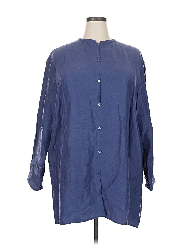 Pre-owned Eileen Fisher 3/4 Sleeve Button Down Shirt In Blue