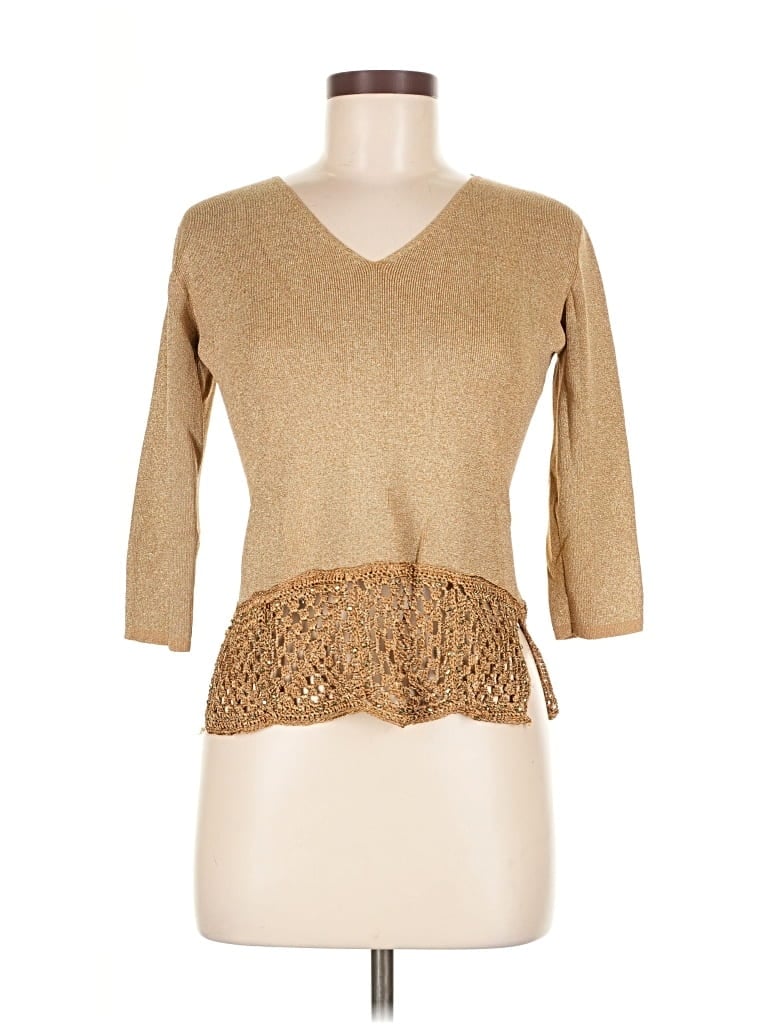 Pre-owned Joseph A 3/4 Sleeve Top Tan V Neck Tops In Brown