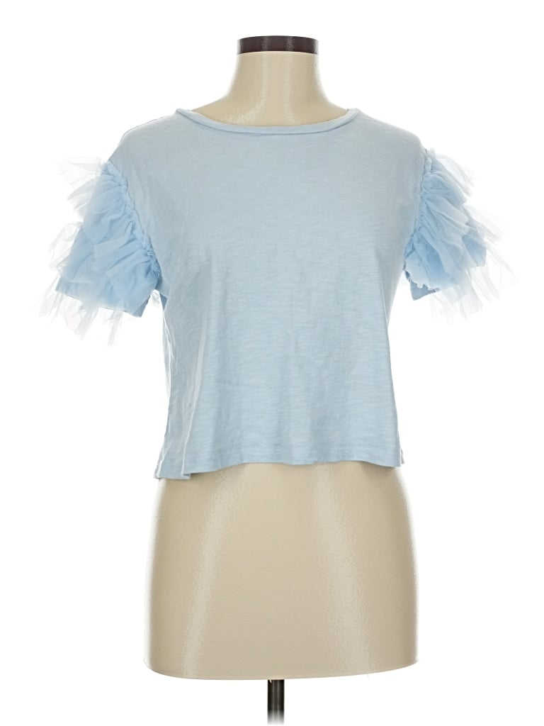 Pre-owned Lea & Viola Short Sleeve Top Blue Ruffles Neckline Tops