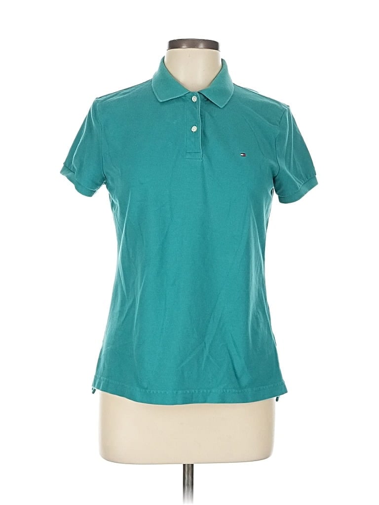 Pre-owned Tommy Hilfiger Short Sleeve Top Teal Collared Neckline Tops In Blue