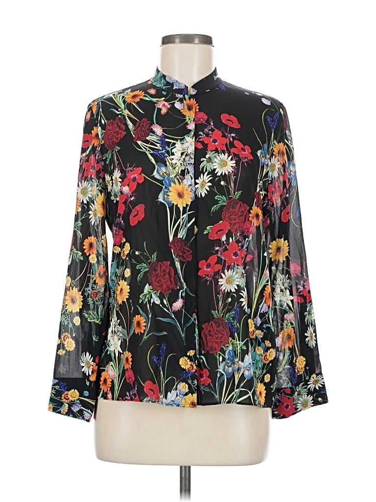 Pre-owned Alice And Olivia Alice + Olivia Long Sleeve Silk Top Black Floral Pattern Tie Neck Tops