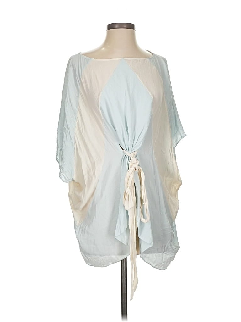 Pre-owned Alice And Olivia Alice + Olivia 3/4 Sleeve Silk Top Blue Plunge Neckline Tops