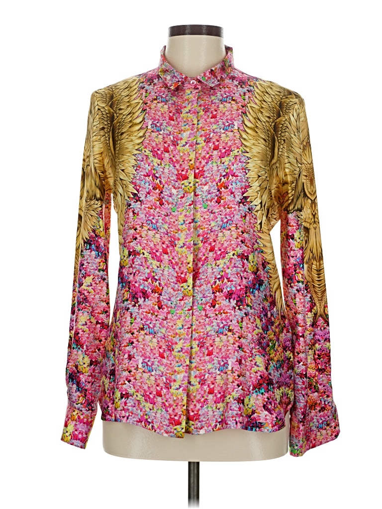 Pre-owned Roberto Cavalli Long Sleeve Silk Top Gold Paisley Pattern High Neck Tops