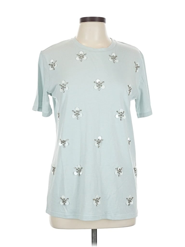 Pre-owned Sandro Short Sleeve Top Teal Stars Pattern Crew Neck Tops In Blue