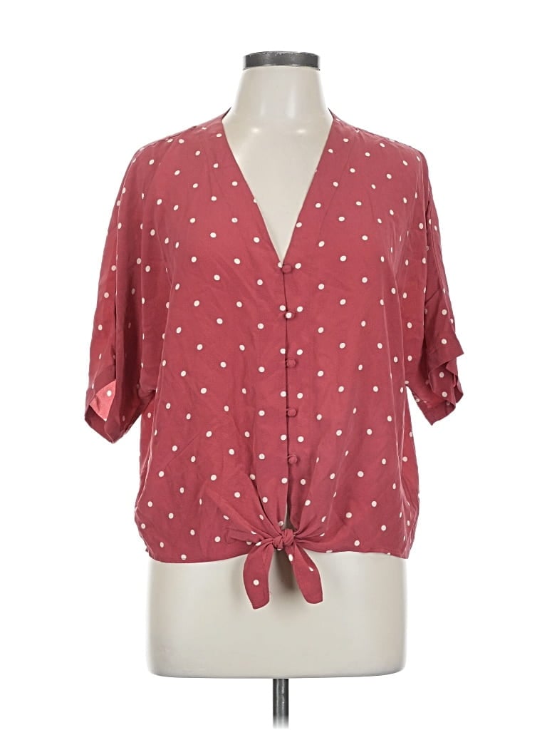 Pre-owned Rails Short Sleeve Silk Top Burgundy Polka Dots Pattern Tie Neck Tops