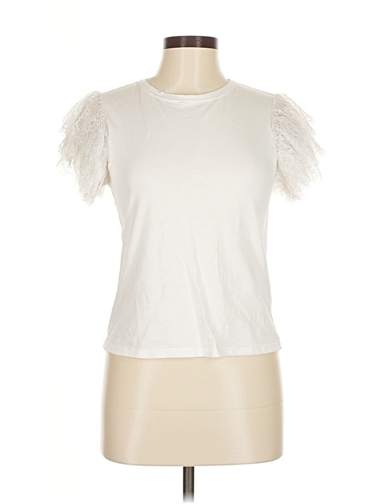 Pre-owned Alice And Olivia Alice + Olivia Short Sleeve Top Ivory Solid Pattern Crew Neck Tops In White