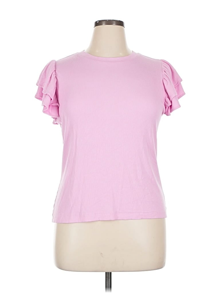 Pre-owned On 34th Short Sleeve Top Pink Ruffles Neckline Tops