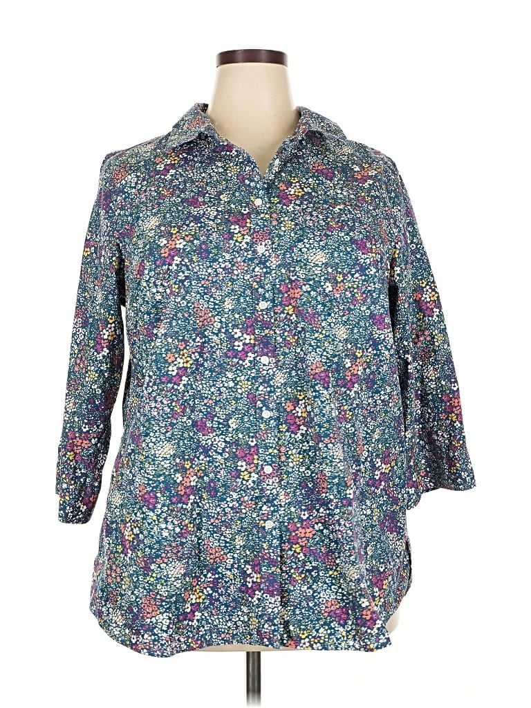 Pre-owned Lands' End 3/4 Sleeve Button Down Shirt In Blue