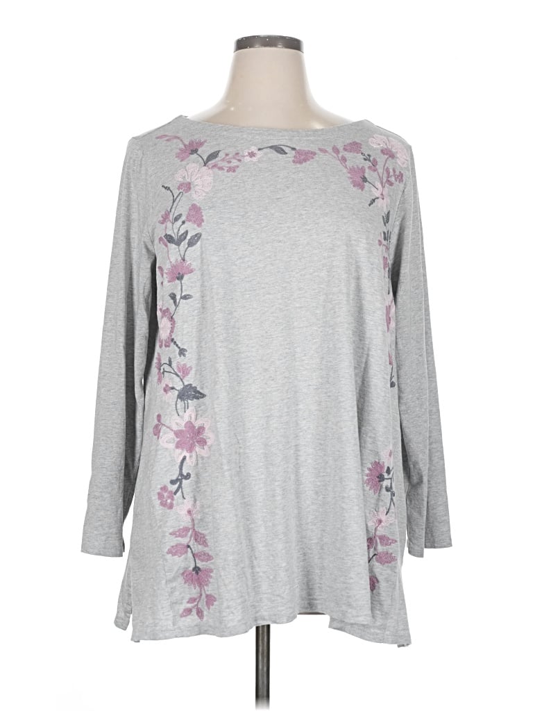 PUREJILL Pre-owned Long Sleeve Top Gray Floral Pattern Boatneck Tops