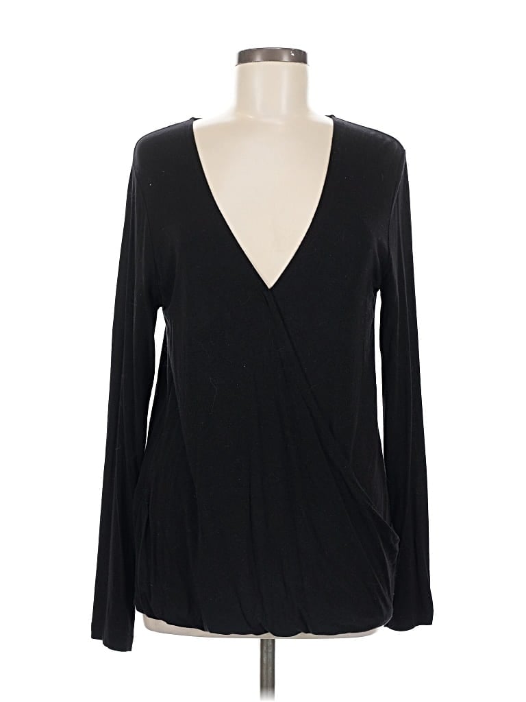 Pre-owned Bcbgmaxazria Long Sleeve Top Black Plunge Neckline Tops