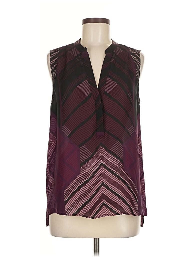 Pre-owned Vince Sleeveless Silk Top Burgundy Chevron/herringbone Pattern V Neck Tops