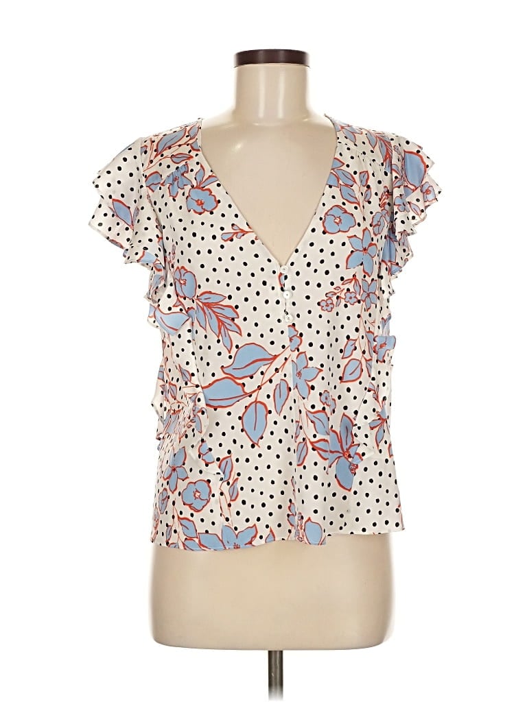 Pre-owned Veronica Beard Short Sleeve Silk Top Ivory Plunge Neckline Tops In White