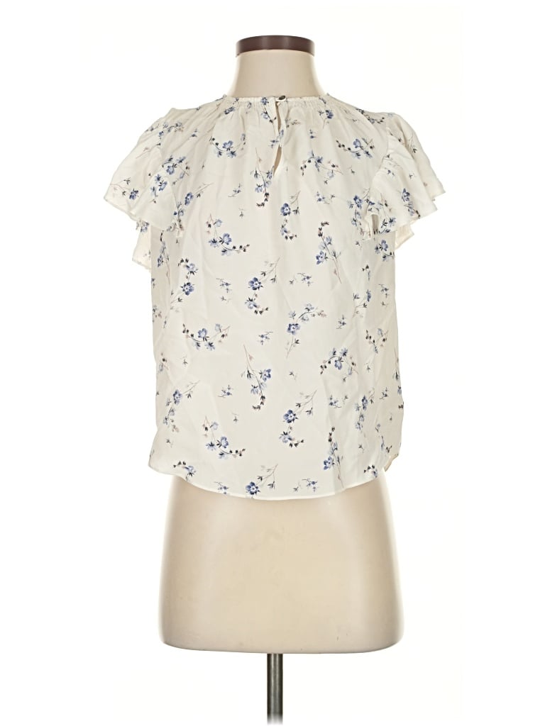 Pre-owned Rebecca Taylor Short Sleeve Silk Top Ivory Ruffles Neckline Tops In White