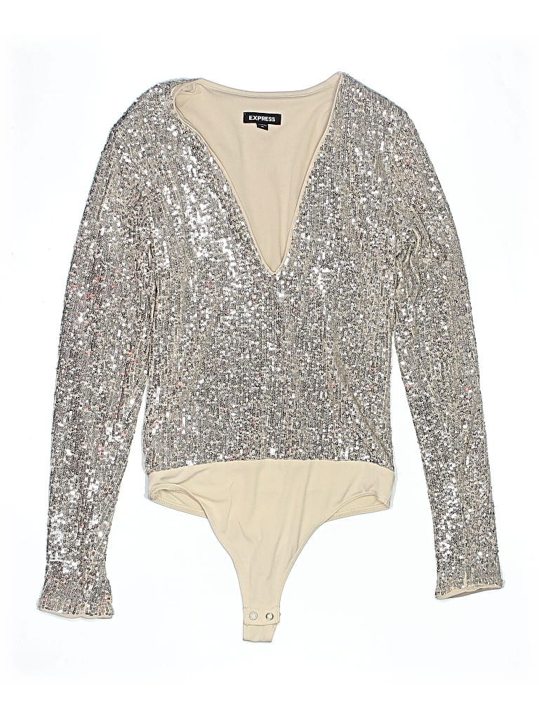 Pre-owned Express Long Sleeve Top Silver Metallic Pattern Plunge Neckline Tops