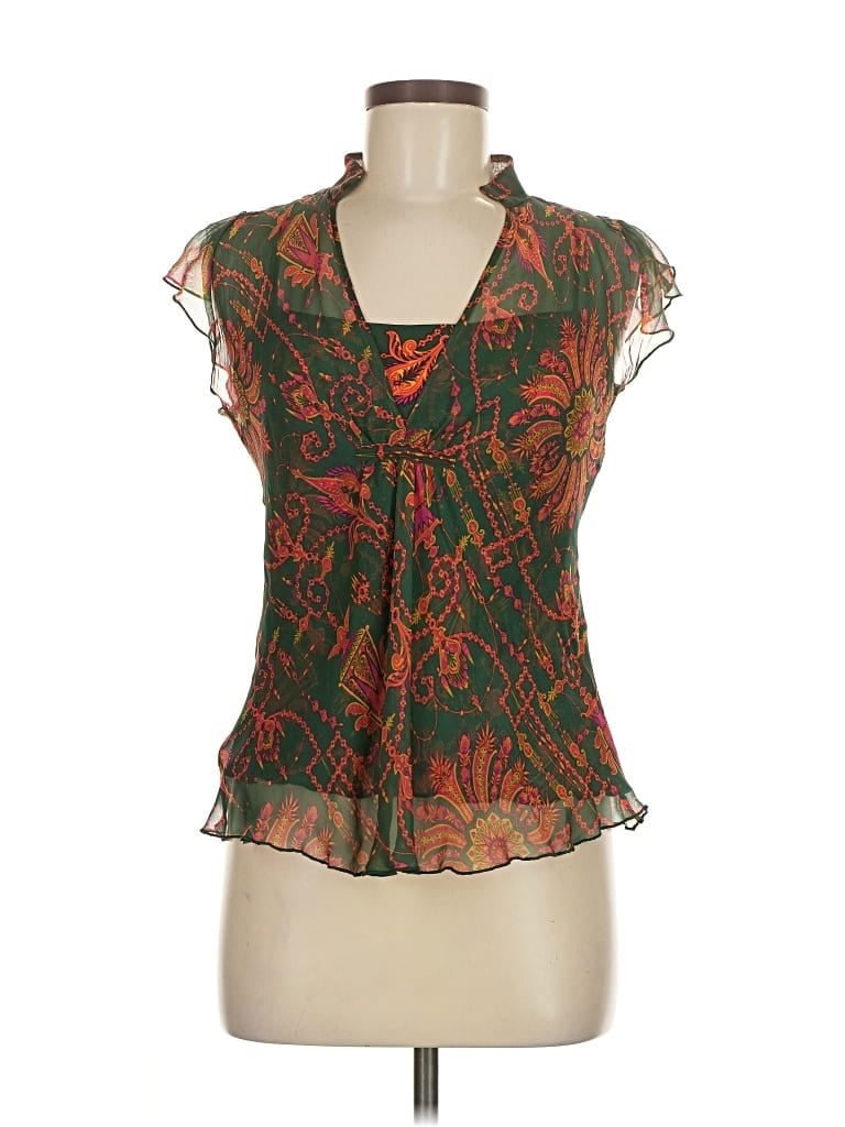 Pre-owned Diane Von Furstenberg Sleeveless Silk Top Green Floral Pattern Scoop Neck Tops