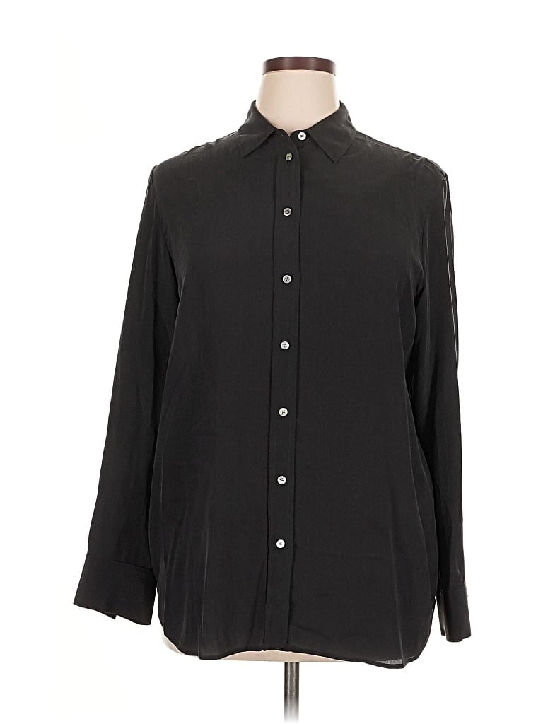 Everlane Long Sleeve Silk Top Black Solid Pattern Mock Neckline Tops In Black