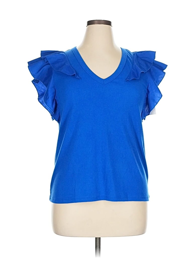 Grace Karin Short Sleeve Top Blue Ruffles Neckline Tops In Blue