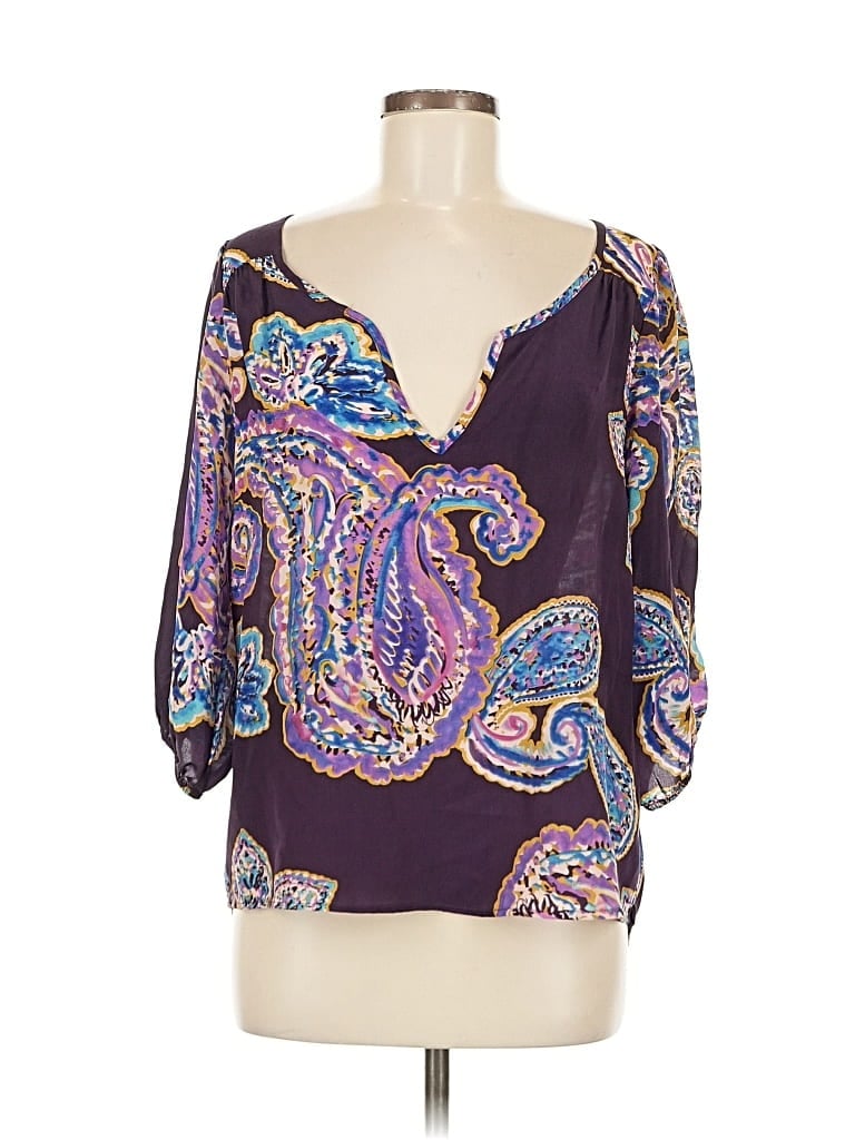Pre-owned Glam 3/4 Sleeve Silk Top Purple Plunge Neckline Tops