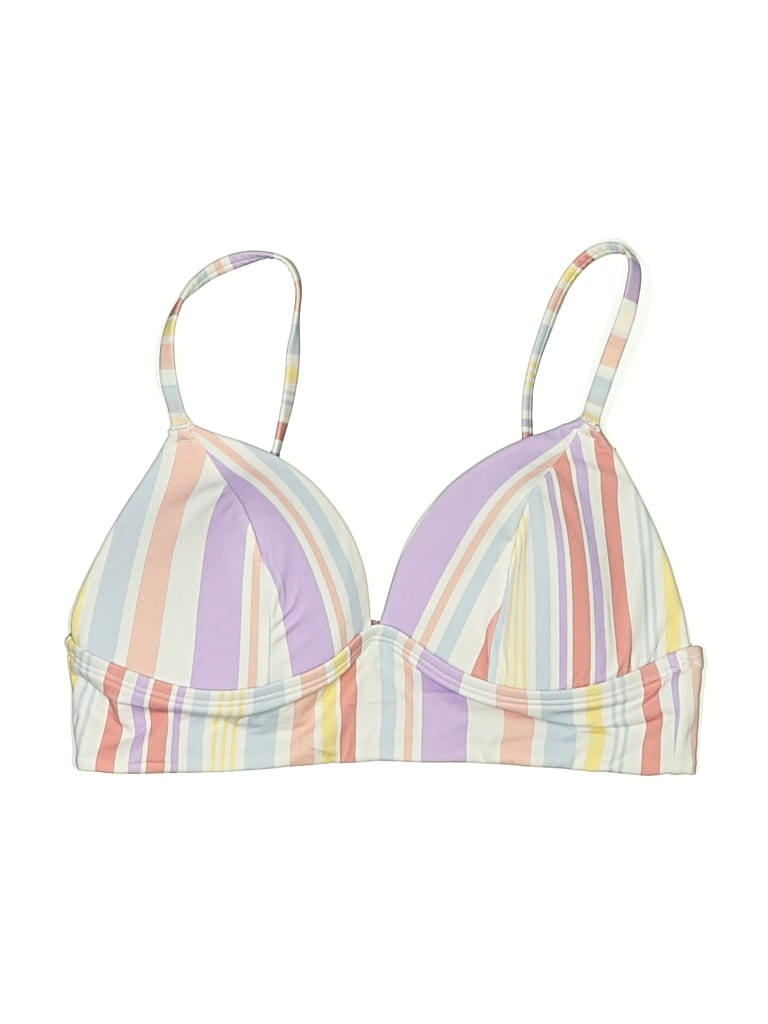 Pre-owned Adore Me Swimsuit Top Ivory Stripes Pattern Swimwear In White