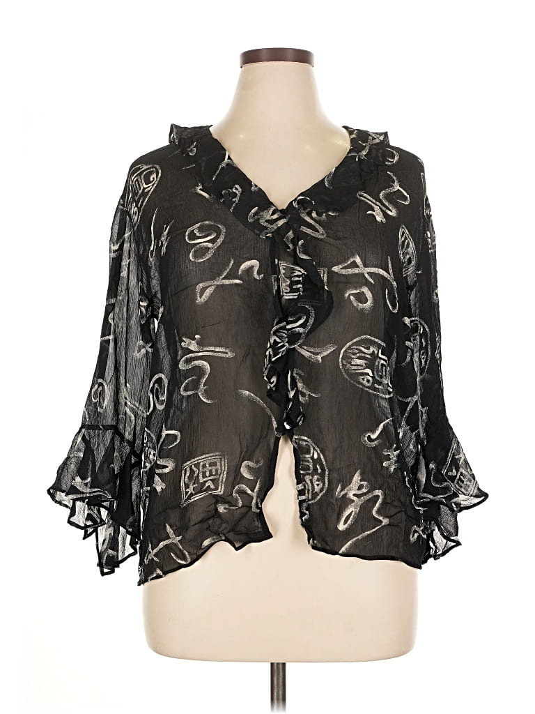 CHICO'S DESIGN Pre-owned 3/4 Sleeve Silk Top Black Ruffles Neckline Tops