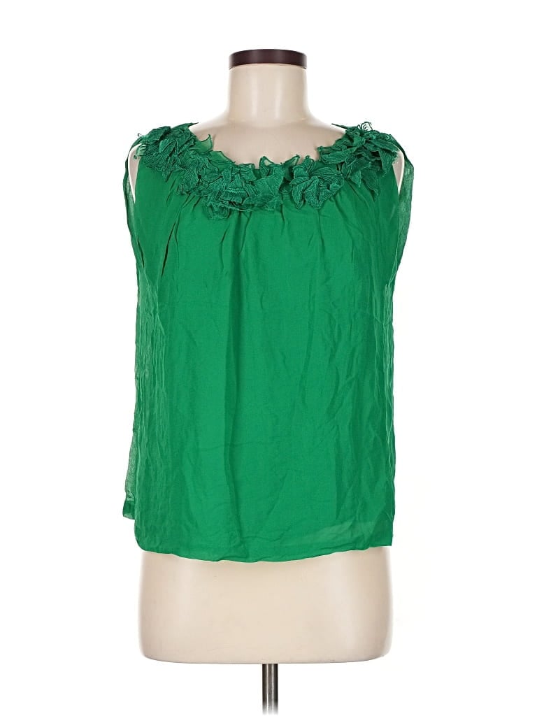 Pre-owned Megan Park Sleeveless Silk Top Green Ruffles Neckline Tops