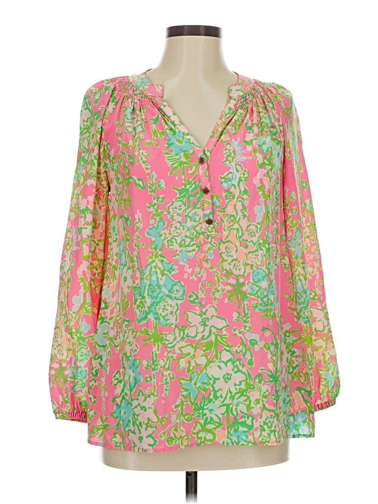 Pre-owned Lilly Pulitzer Long Sleeve Silk Top Pink Plunge Neckline Tops