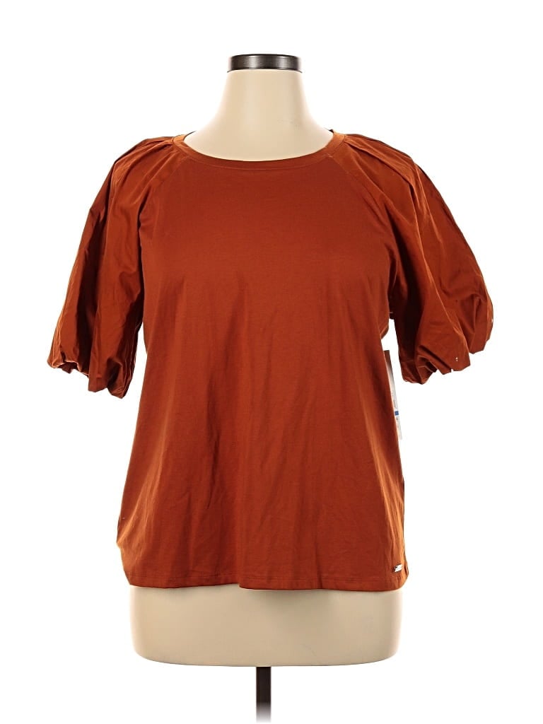Pre-owned Calvin Klein Short Sleeve Top Orange Scoop Neck Tops