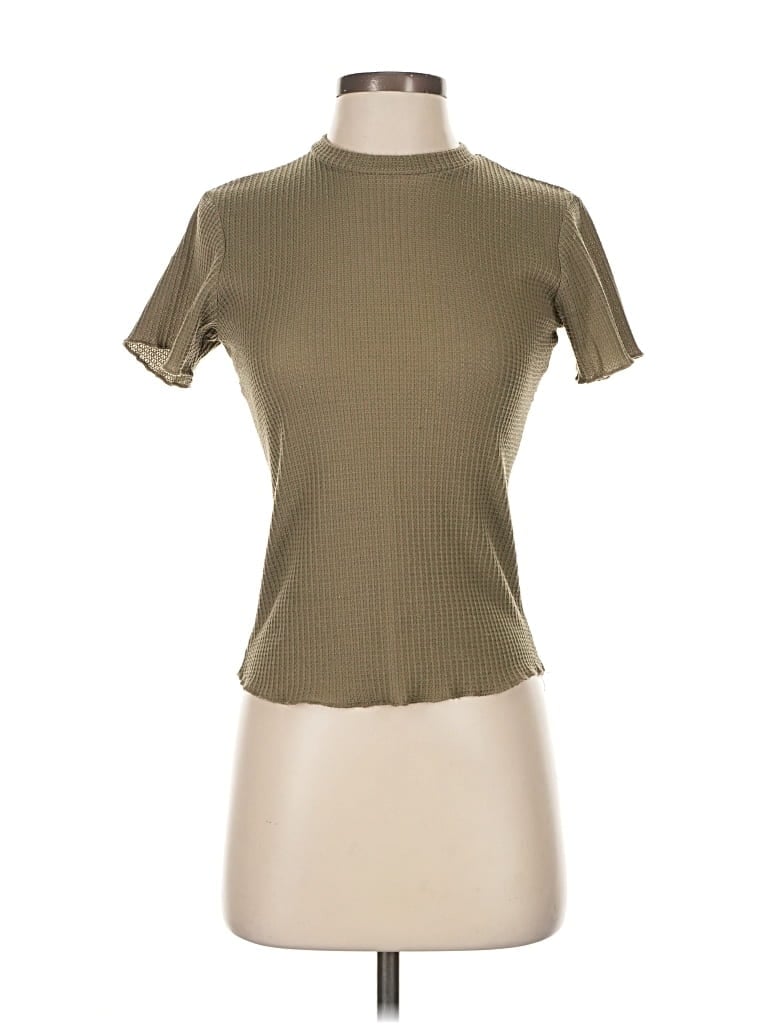 Pre-owned Paper Crane Short Sleeve Top Tan Mock Neckline Tops In Brown