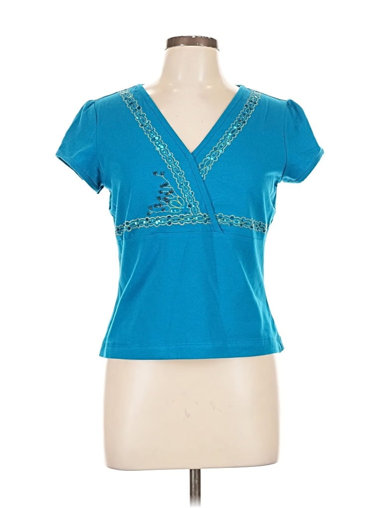 Pre-owned Liz Claiborne Short Sleeve Top Teal V Neck Tops In Blue