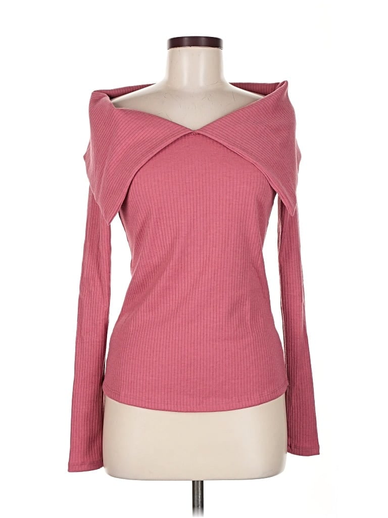 Pre-owned Entro Long Sleeve Top Pink Solid Pattern Cold Shoulder Neckline Tops