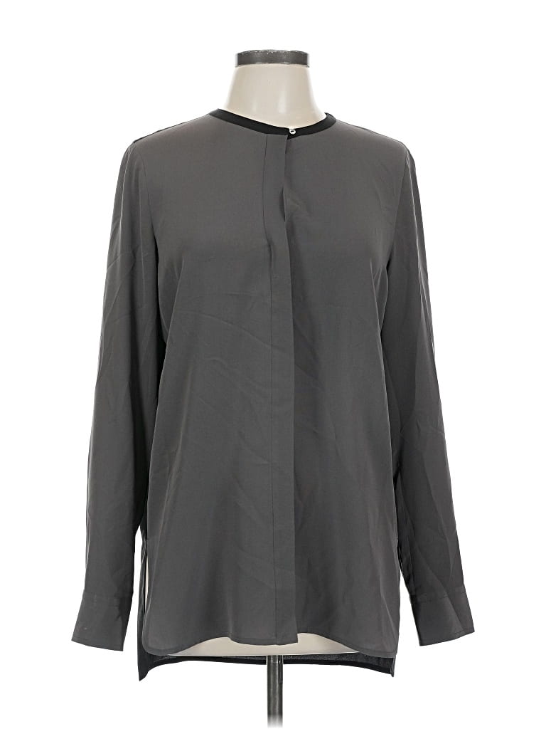 Pre-owned Vince Long Sleeve Silk Top Gray Solid Pattern Mock Neckline Tops