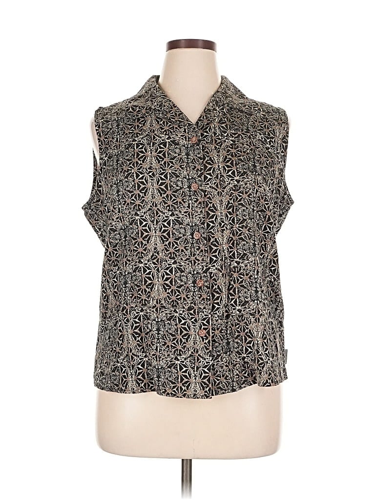 Pre-owned Woolrich Sleeveless Silk Top Black Animal Print Pattern Collared Neckline Tops