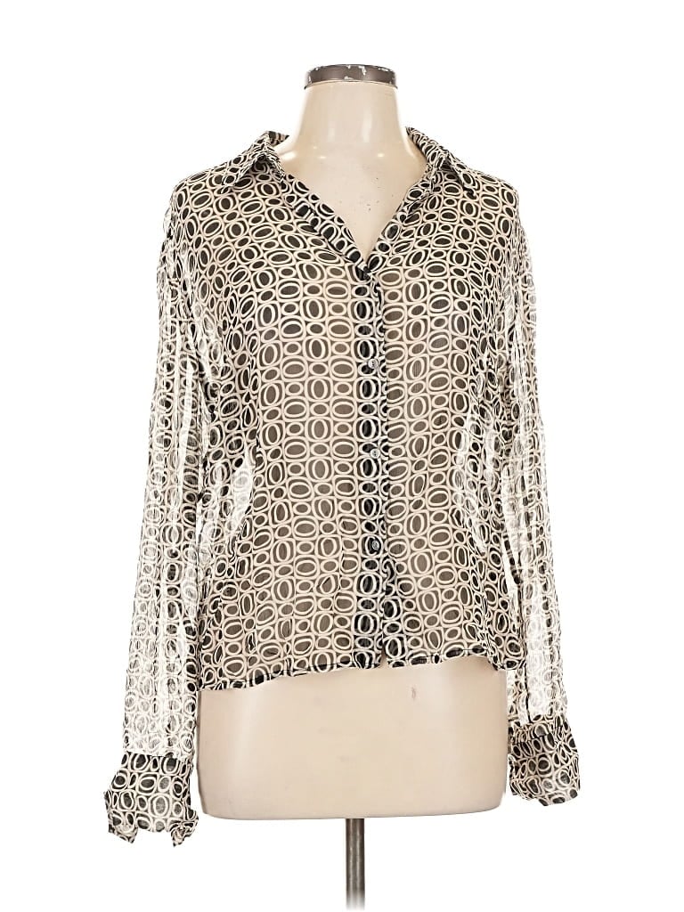 Pre-owned The Limited Long Sleeve Silk Top Ivory Paisley Pattern Collared Neckline Tops In White
