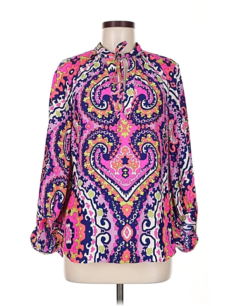 Pre-owned Alice & Trixie Long Sleeve Silk Top Pink Paisley Pattern Keyhole Neckline Tops